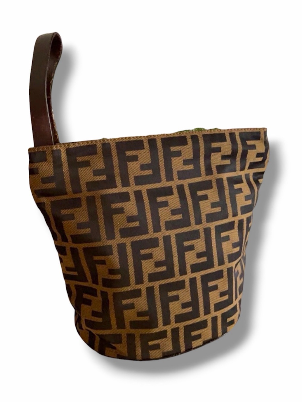 RARE Fendi Zucca FF Monogram Bucket Bag Leather Wristlet Clutch Slouchy handbag